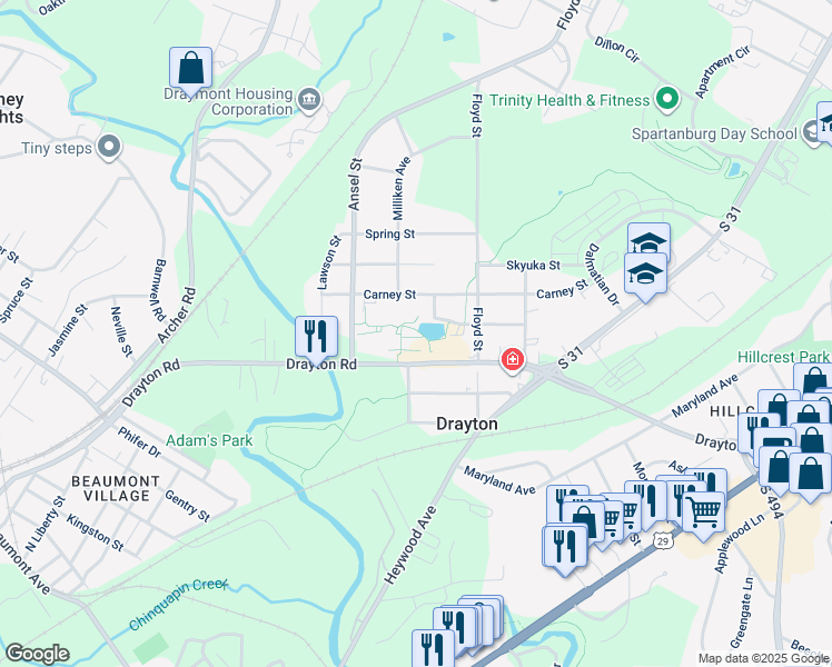 map of restaurants, bars, coffee shops, grocery stores, and more near 1802 Drayton Road in Spartanburg