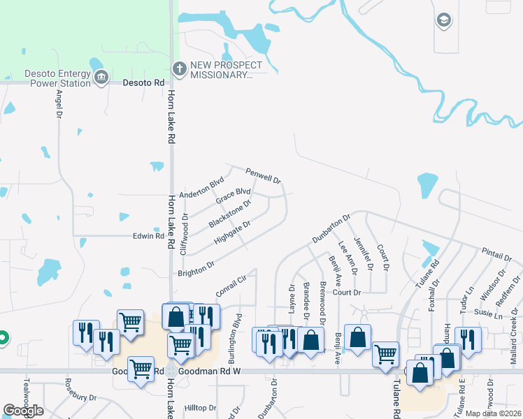 map of restaurants, bars, coffee shops, grocery stores, and more near 4159 Blackstone Drive in Horn Lake