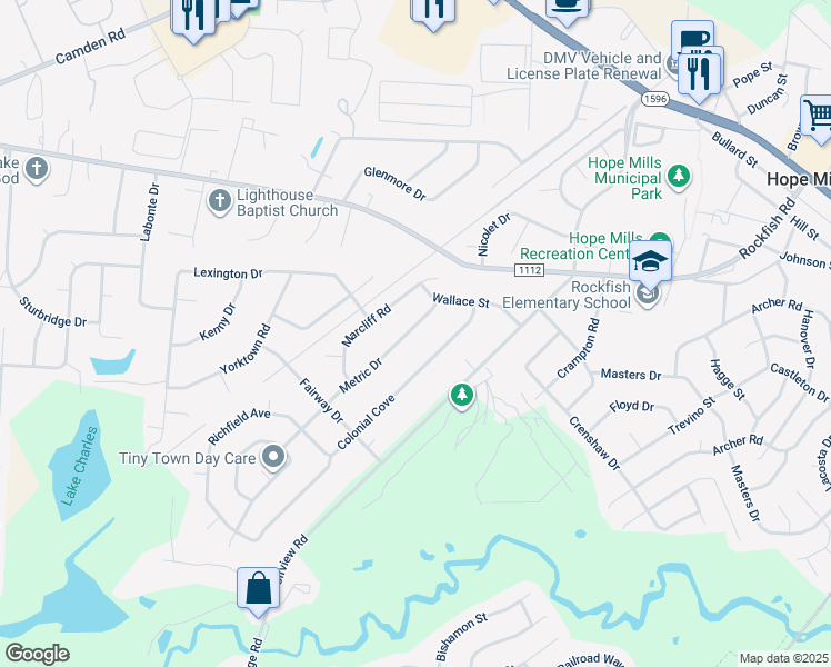 map of restaurants, bars, coffee shops, grocery stores, and more near 3633 Metric Drive in Hope Mills