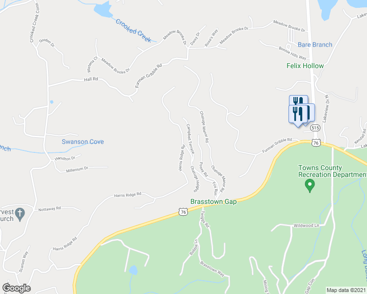 map of restaurants, bars, coffee shops, grocery stores, and more near 1586 Harris Ridge Road in Young Harris