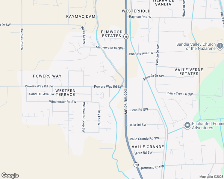 map of restaurants, bars, coffee shops, grocery stores, and more near 5100 Powers Way Road Southwest in Albuquerque