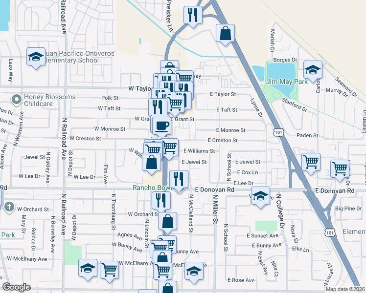 map of restaurants, bars, coffee shops, grocery stores, and more near 218 East Creston Street in Santa Maria