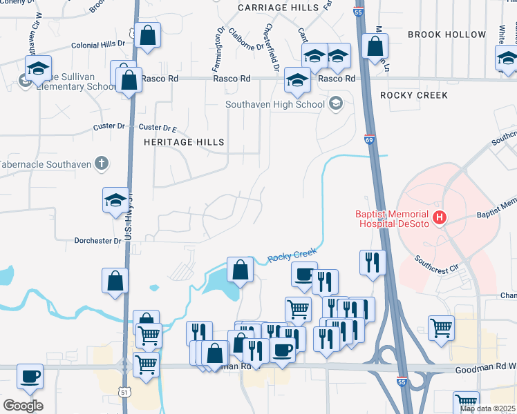 map of restaurants, bars, coffee shops, grocery stores, and more near 7450 Chesteridge Avenue in Southaven