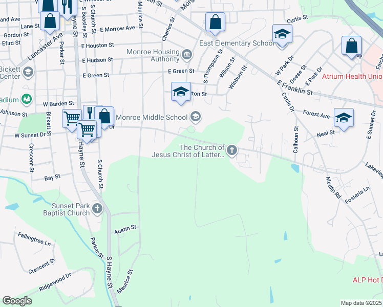 map of restaurants, bars, coffee shops, grocery stores, and more near 806 Colony Oaks Drive in Monroe