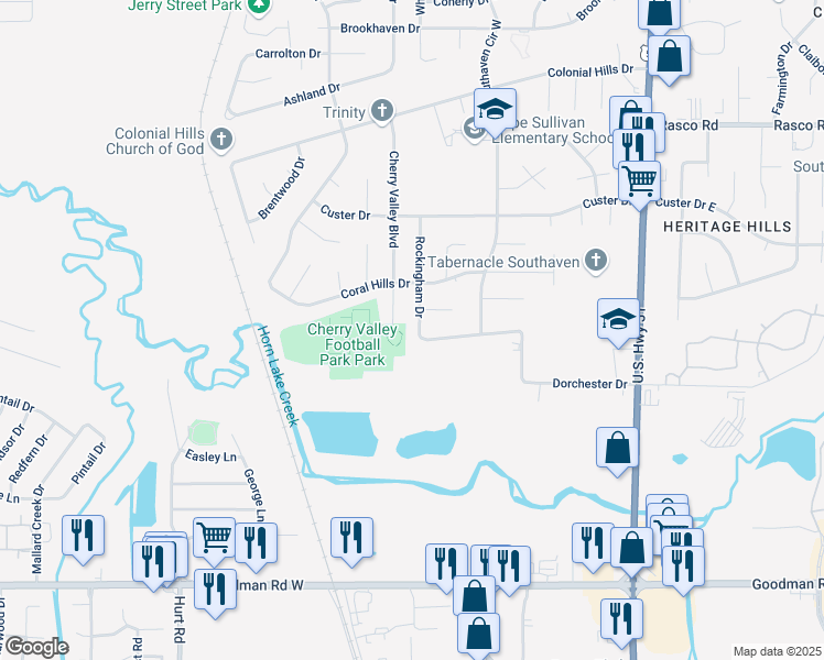 map of restaurants, bars, coffee shops, grocery stores, and more near 7526 Cherry Valley Boulevard in Southaven