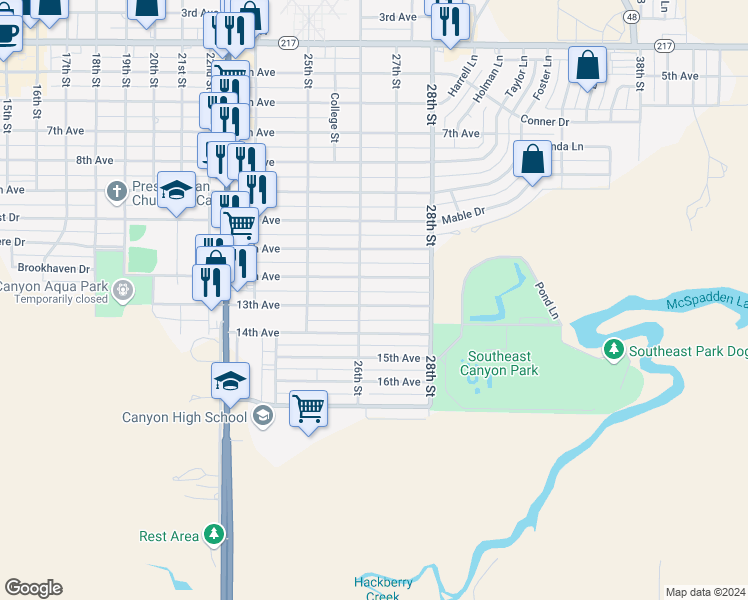 map of restaurants, bars, coffee shops, grocery stores, and more near 2607 13th Avenue in Canyon