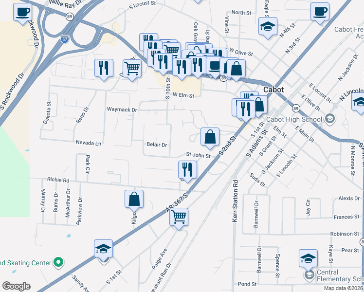 map of restaurants, bars, coffee shops, grocery stores, and more near 16 Saint John Street in Cabot