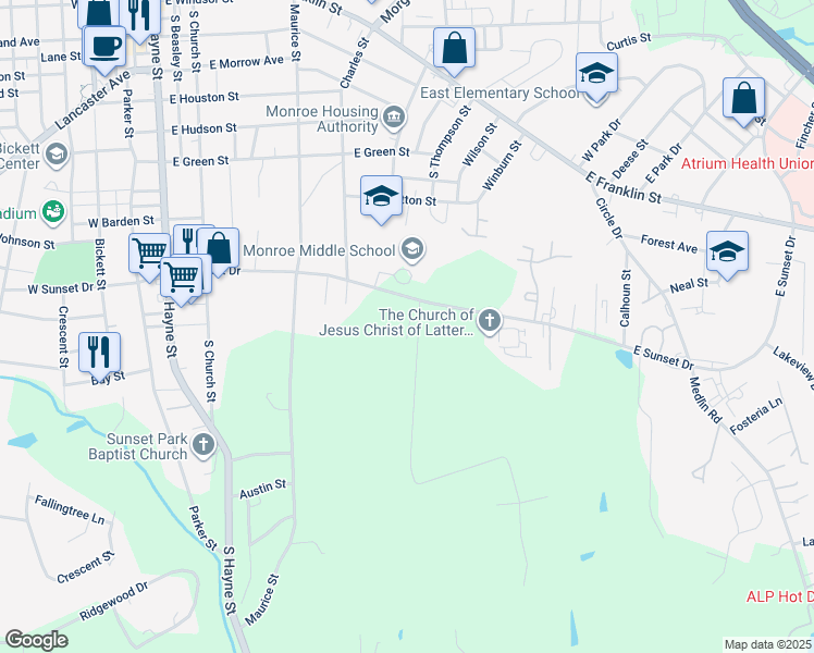 map of restaurants, bars, coffee shops, grocery stores, and more near 806 Colony Oaks Drive in Monroe
