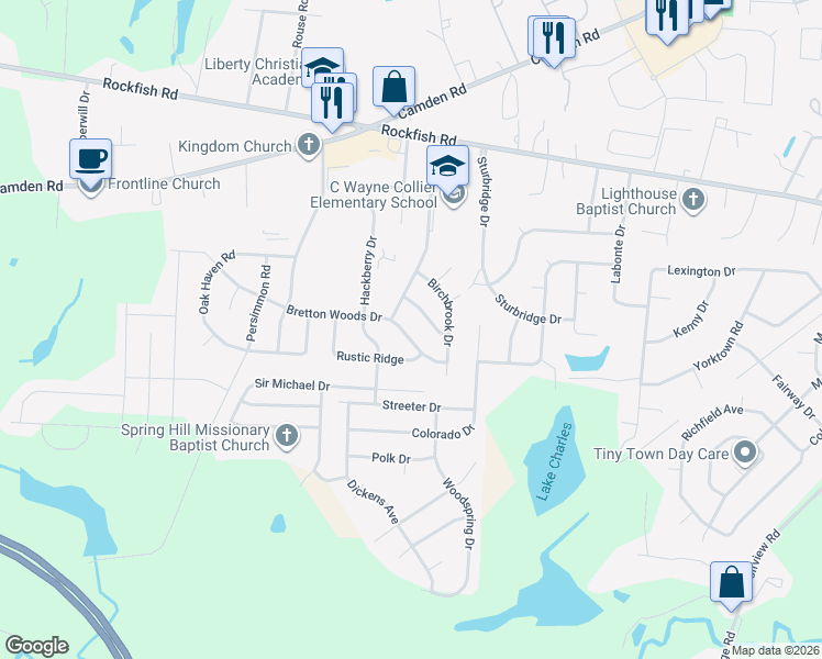 map of restaurants, bars, coffee shops, grocery stores, and more near 6211 Thornwood Drive in Hope Mills