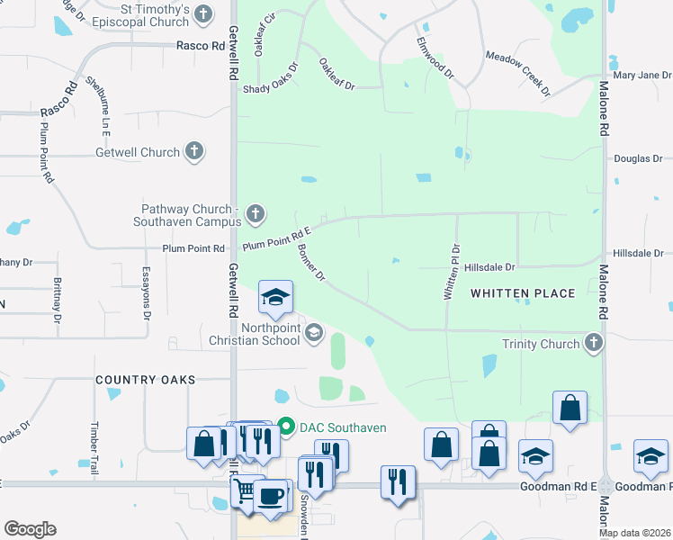 map of restaurants, bars, coffee shops, grocery stores, and more near 3260 Bonner Drive in Olive Branch