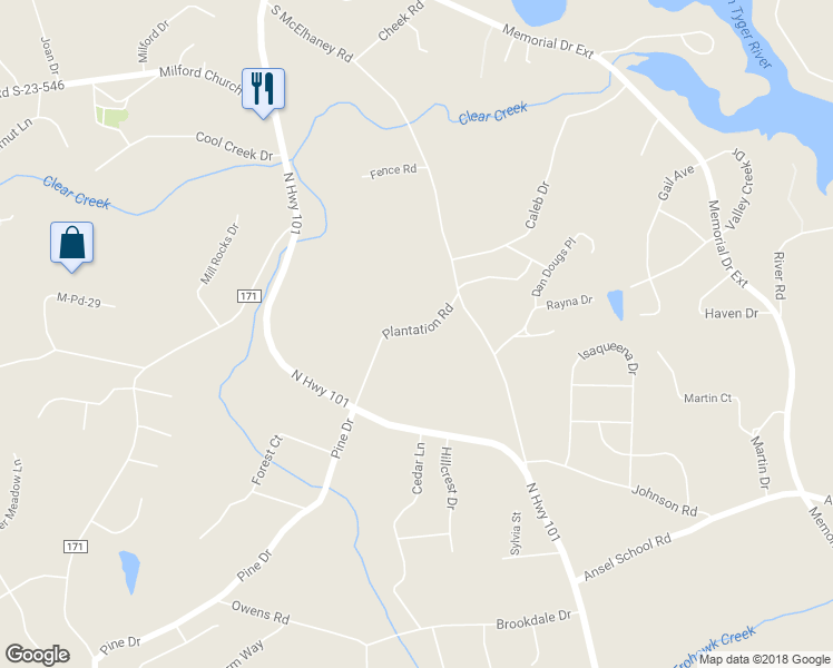 map of restaurants, bars, coffee shops, grocery stores, and more near 1027 Plantation Road in Greer