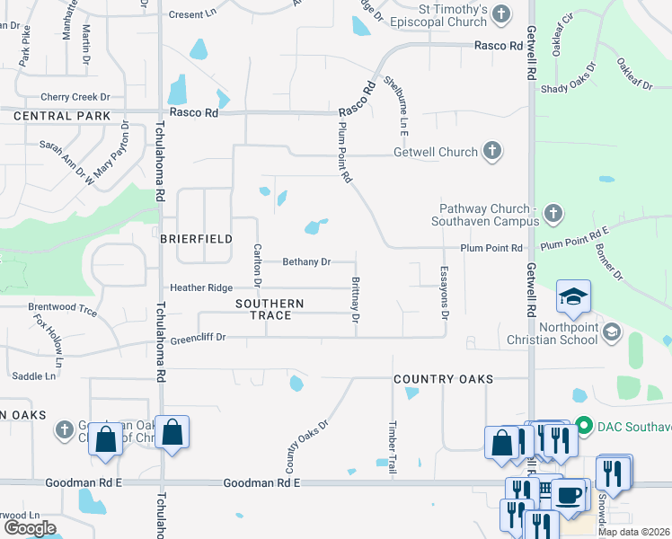 map of restaurants, bars, coffee shops, grocery stores, and more near 2471 Bethany Drive in Southaven