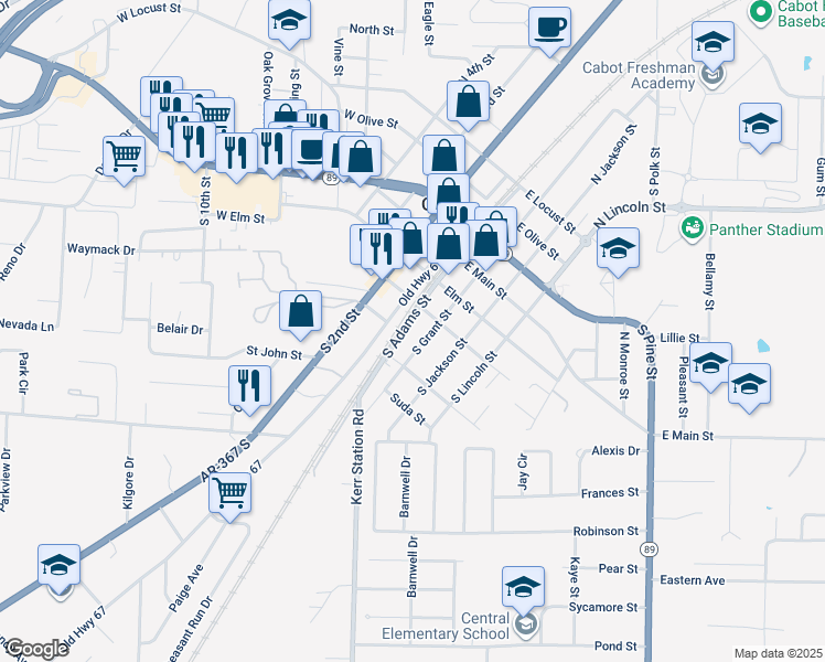map of restaurants, bars, coffee shops, grocery stores, and more near 309 South Adams Street in Cabot