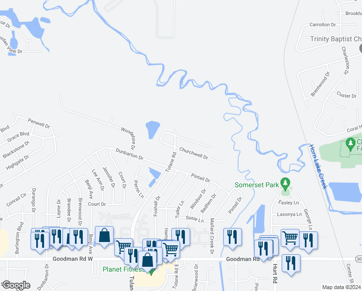 map of restaurants, bars, coffee shops, grocery stores, and more near 2996 Churchwell Drive in Horn Lake
