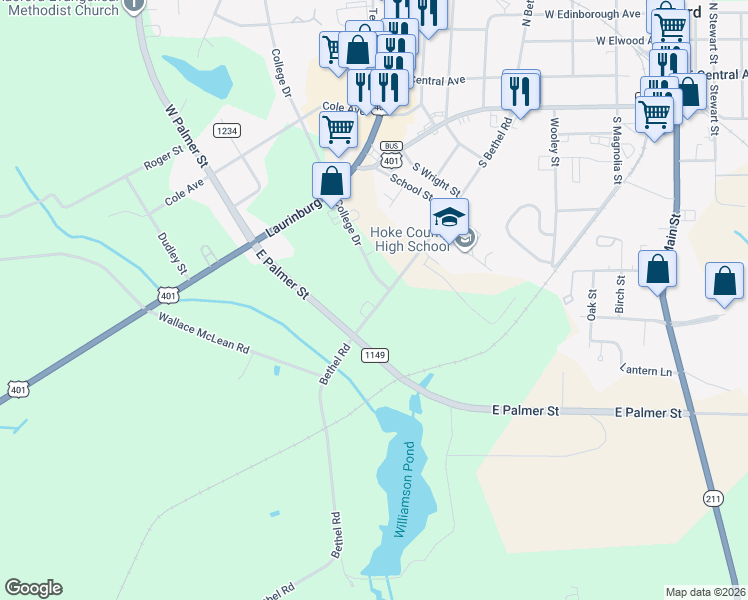 map of restaurants, bars, coffee shops, grocery stores, and more near 706 South Bethel Road in Raeford