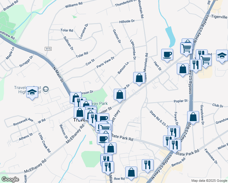 map of restaurants, bars, coffee shops, grocery stores, and more near 101 Love Drive in Travelers Rest