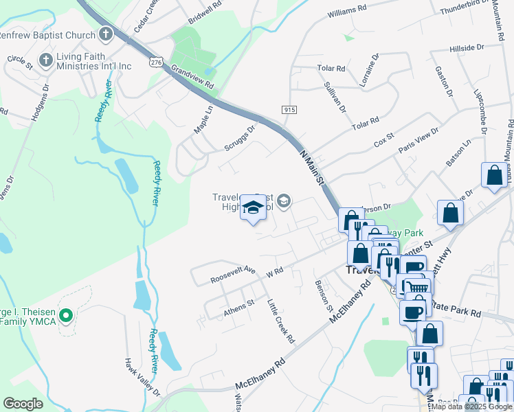 map of restaurants, bars, coffee shops, grocery stores, and more near 301 North Main Street in Travelers Rest