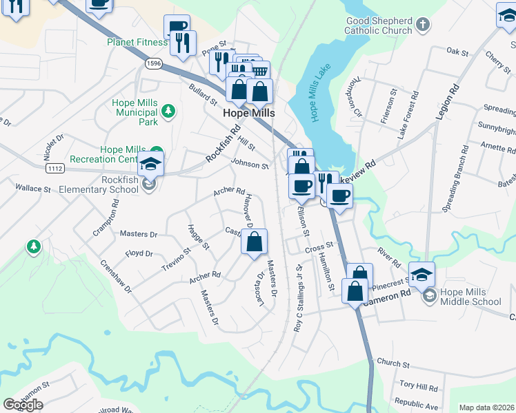 map of restaurants, bars, coffee shops, grocery stores, and more near 5666 Archer Road in Hope Mills