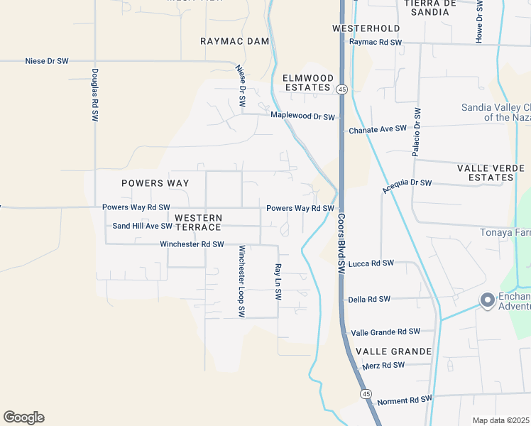 map of restaurants, bars, coffee shops, grocery stores, and more near 5308 Powers Way Road Southwest in Albuquerque