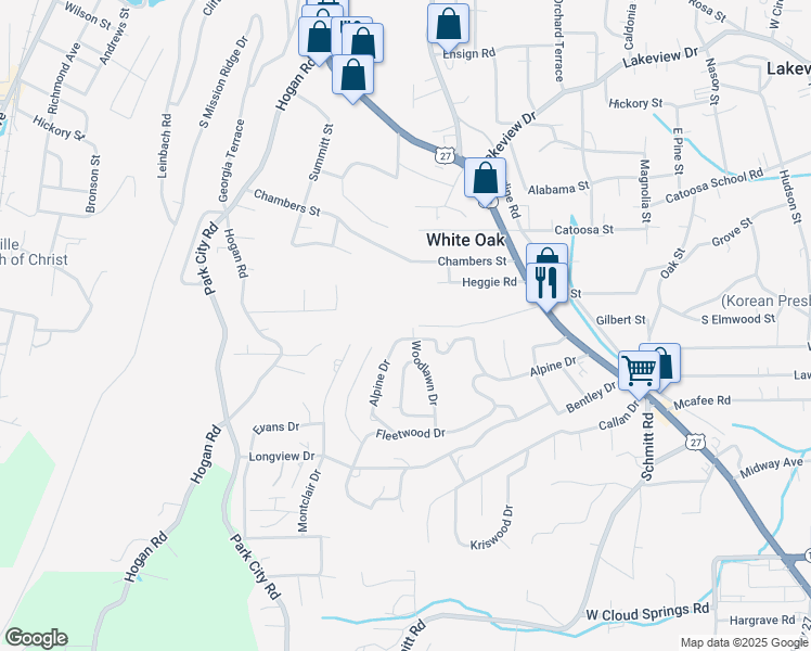 map of restaurants, bars, coffee shops, grocery stores, and more near 102 Woodlawn Drive in Rossville