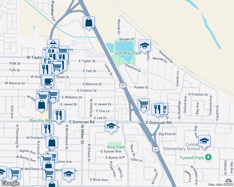 map of restaurants, bars, coffee shops, grocery stores, and more near 1700 Lynne Drive in Santa Maria