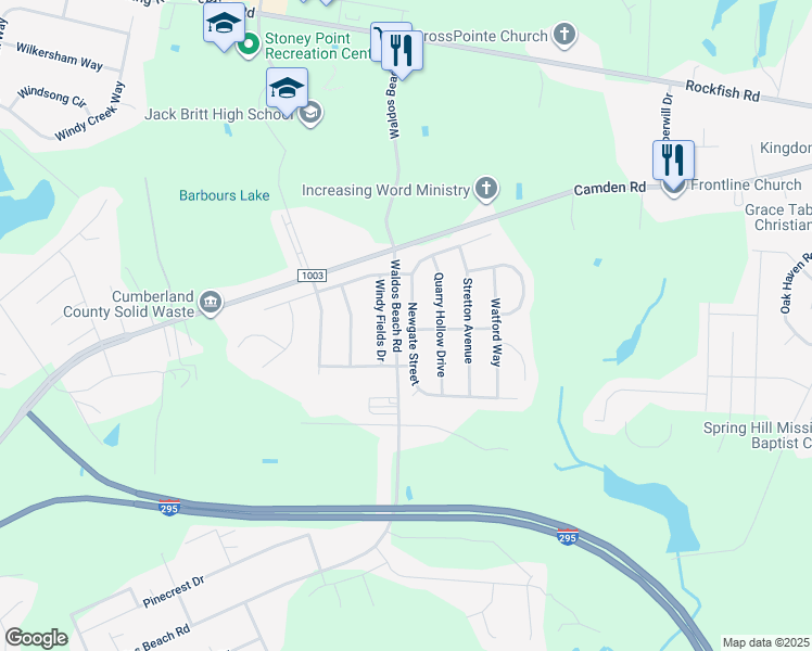 map of restaurants, bars, coffee shops, grocery stores, and more near 3930 Newgate Street in Fayetteville