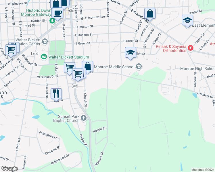 map of restaurants, bars, coffee shops, grocery stores, and more near Maurice Street in Monroe