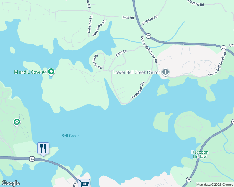 map of restaurants, bars, coffee shops, grocery stores, and more near 44 Lone Pine Lane in Hiawassee