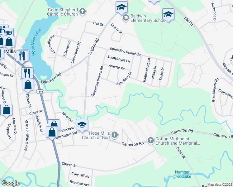 map of restaurants, bars, coffee shops, grocery stores, and more near 4210 Redmill Lane in Hope Mills