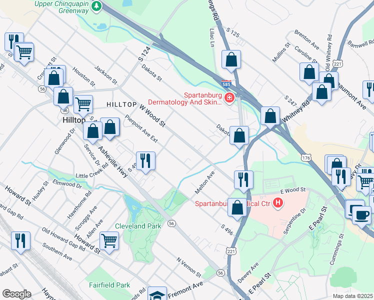 map of restaurants, bars, coffee shops, grocery stores, and more near 232 W Wood St in Spartanburg