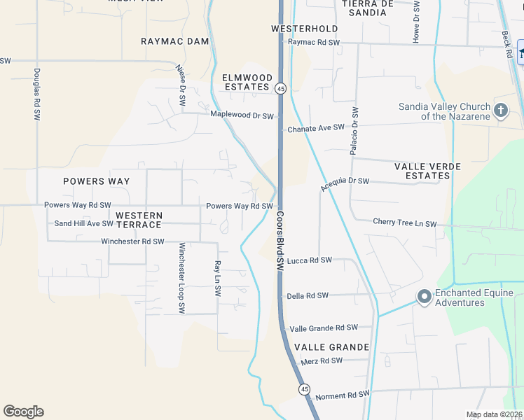 map of restaurants, bars, coffee shops, grocery stores, and more near 5100 Powers Way Road Southwest in Albuquerque