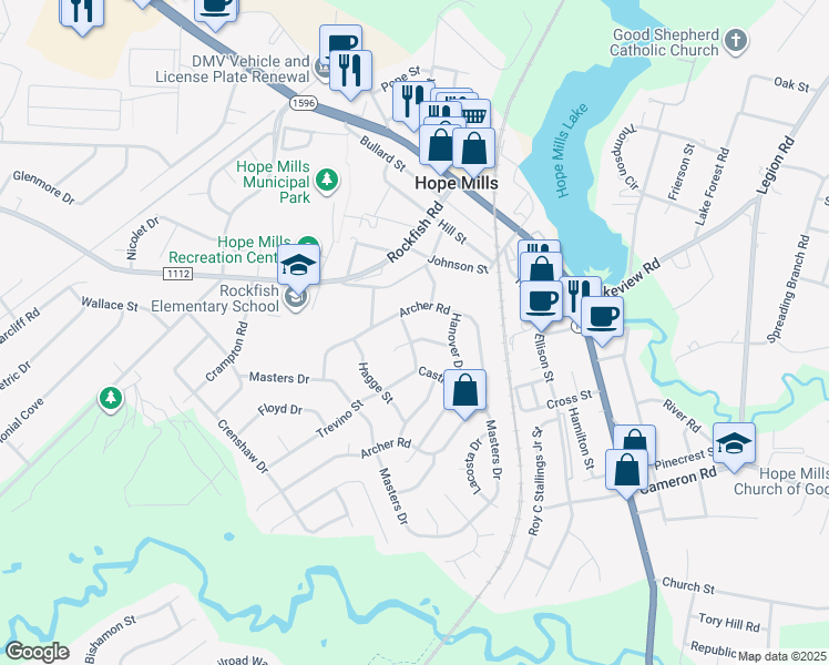 map of restaurants, bars, coffee shops, grocery stores, and more near 5698 Player Circle in Hope Mills