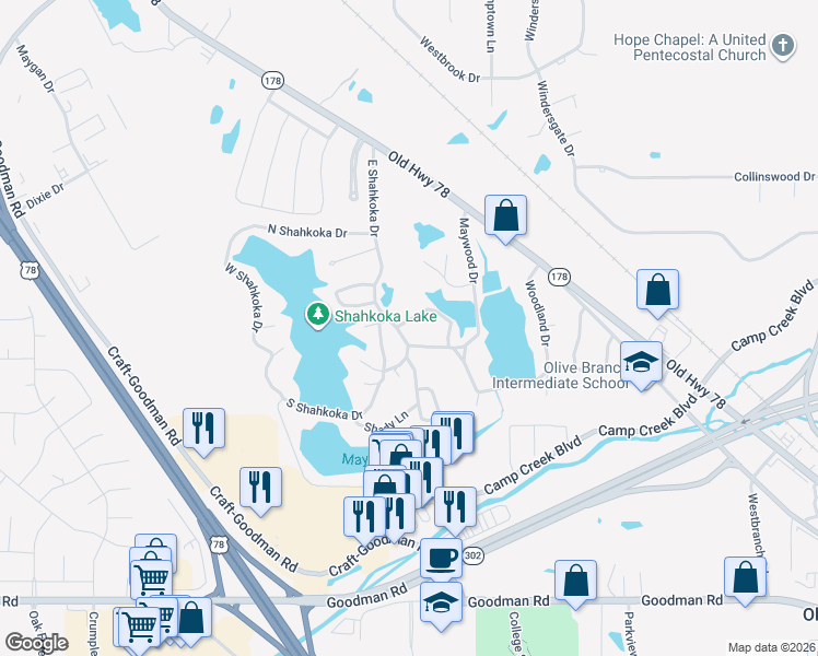 map of restaurants, bars, coffee shops, grocery stores, and more near 8107 Woodson Drive in Olive Branch