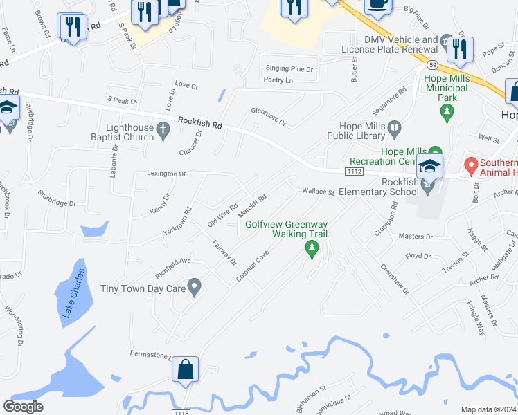 map of restaurants, bars, coffee shops, grocery stores, and more near 3651 Marcliff Road in Hope Mills