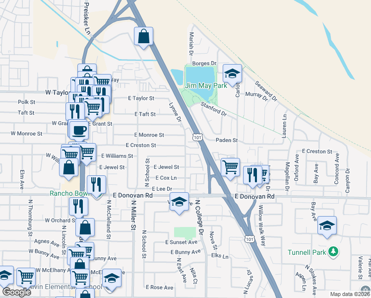 map of restaurants, bars, coffee shops, grocery stores, and more near 1700 Lynne Drive in Santa Maria