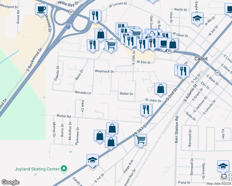 map of restaurants, bars, coffee shops, grocery stores, and more near 27 Belair Drive in Cabot