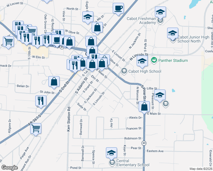 map of restaurants, bars, coffee shops, grocery stores, and more near 111 South Jackson Street in Cabot