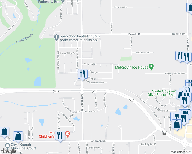 map of restaurants, bars, coffee shops, grocery stores, and more near 10102 Fox Hunt Drive in Olive Branch