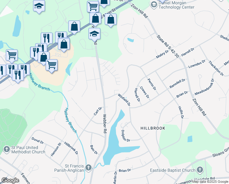 map of restaurants, bars, coffee shops, grocery stores, and more near 117 Winfield Drive in Spartanburg