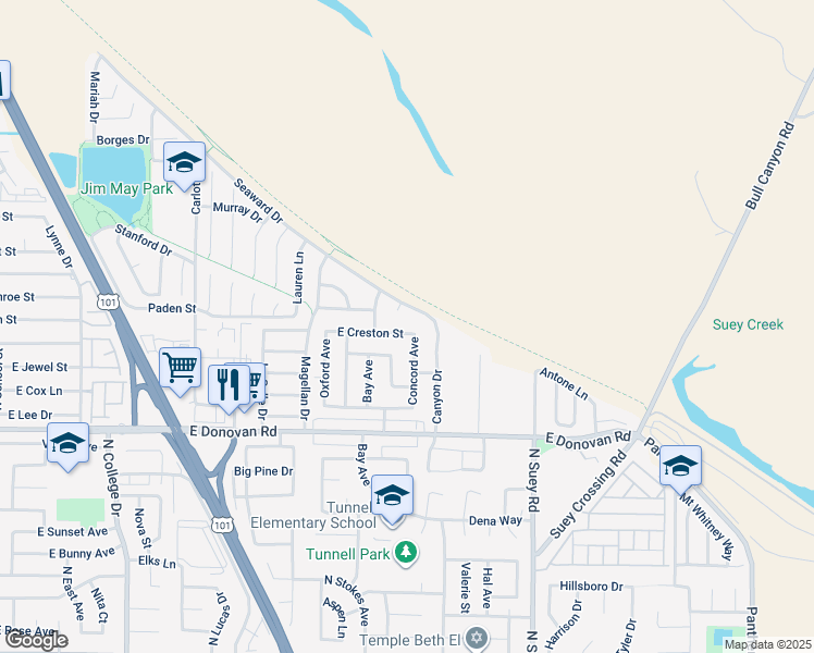 map of restaurants, bars, coffee shops, grocery stores, and more near 1317 East Creston Street in Santa Maria