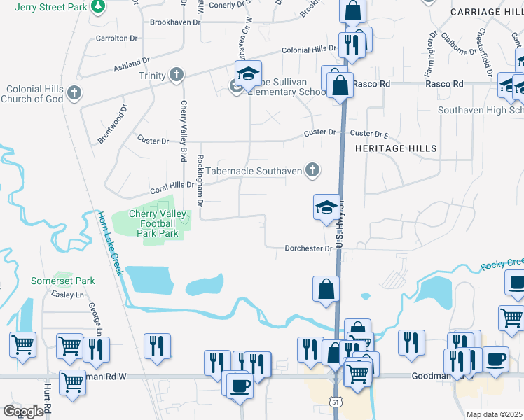 map of restaurants, bars, coffee shops, grocery stores, and more near 1764 Dorchester Drive in Southaven