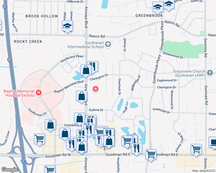 map of restaurants, bars, coffee shops, grocery stores, and more near 7608 Lilly Drive in Southaven