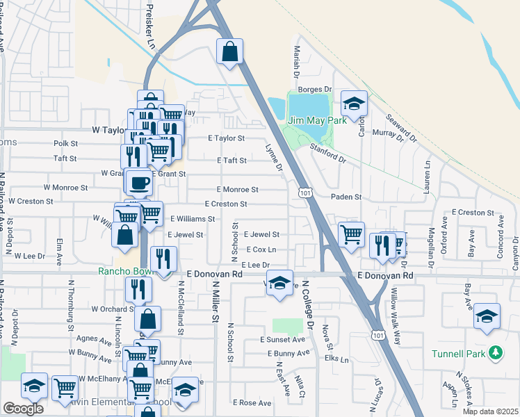 map of restaurants, bars, coffee shops, grocery stores, and more near 516 East Creston Street in Santa Maria