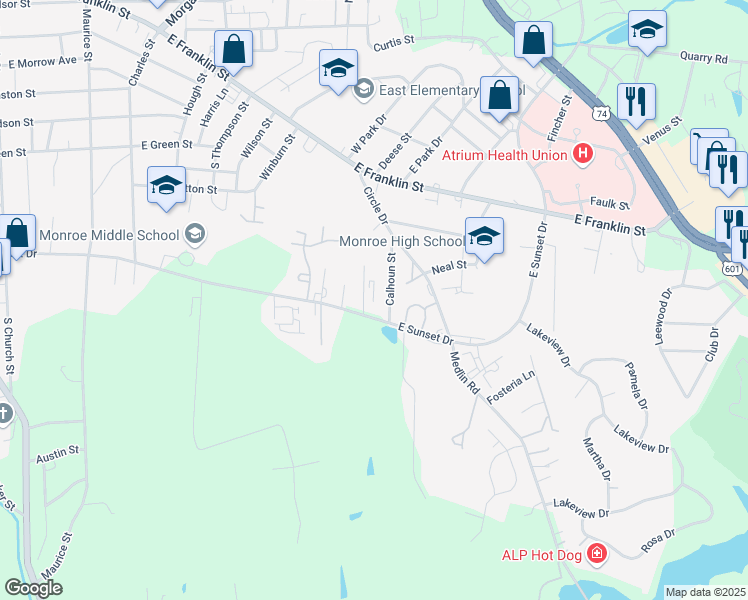 map of restaurants, bars, coffee shops, grocery stores, and more near 1015 McManus Street in Monroe
