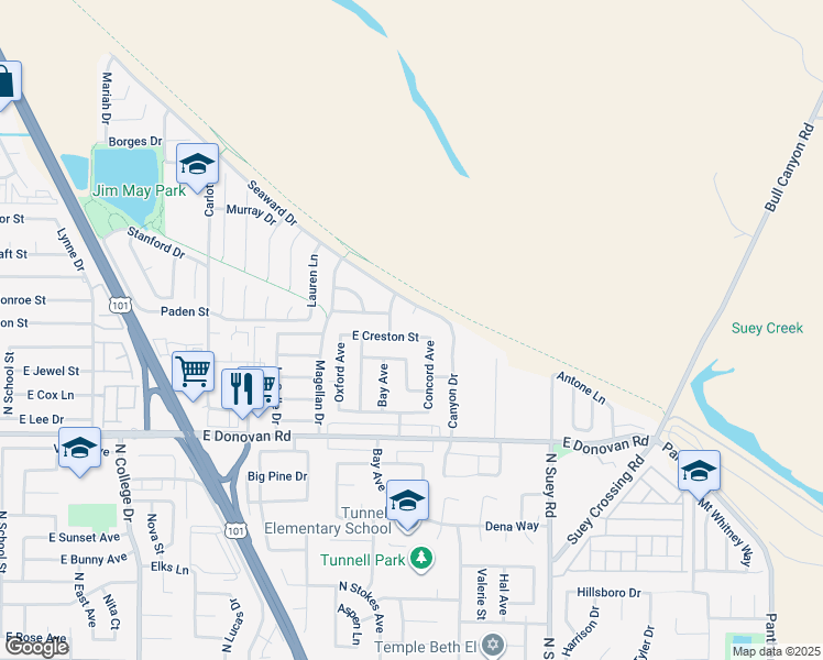 map of restaurants, bars, coffee shops, grocery stores, and more near 1317 East Creston Street in Santa Maria