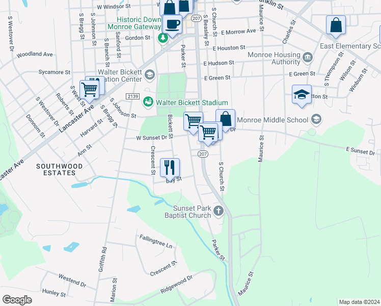 map of restaurants, bars, coffee shops, grocery stores, and more near 1001 Parker Street in Monroe