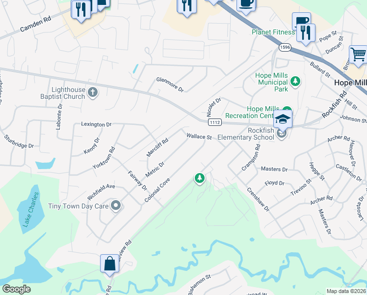 map of restaurants, bars, coffee shops, grocery stores, and more near 3633 Metric Drive in Hope Mills