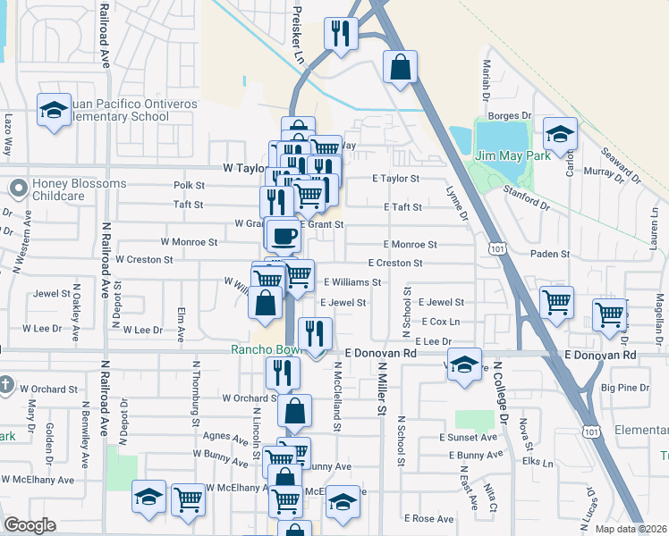 map of restaurants, bars, coffee shops, grocery stores, and more near 218 East Creston Street in Santa Maria