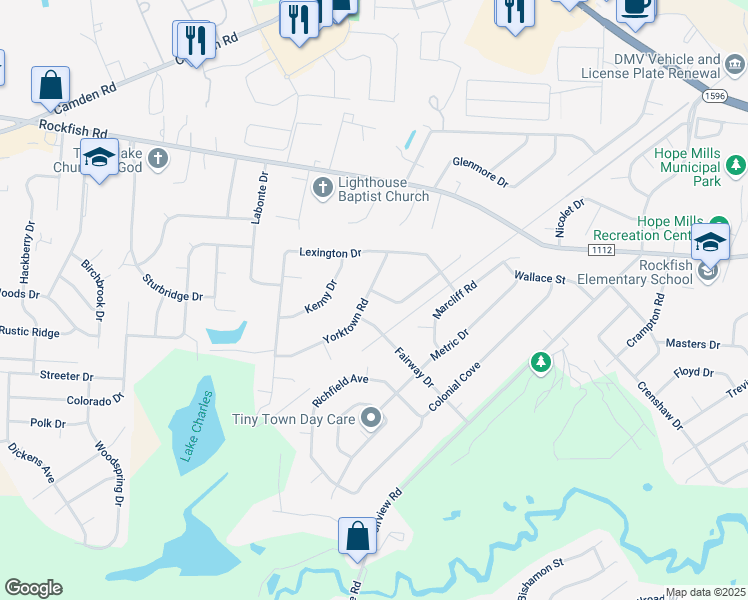 map of restaurants, bars, coffee shops, grocery stores, and more near 3625 Yorktown Road in Hope Mills