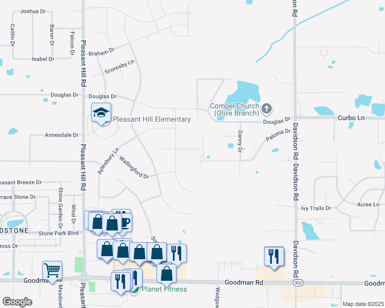 map of restaurants, bars, coffee shops, grocery stores, and more near 5591 John Nielsen Way in Olive Branch